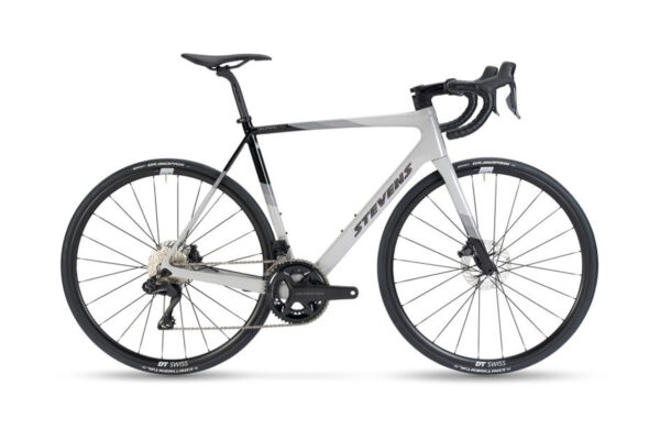 Stevens road bike with gray aero frame, black components, drop handlebars, and DT Swiss wheels.