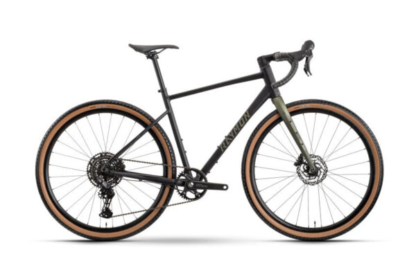 Side view of a black gravel bike with tan-wall tires and olive front fork, showing disc brakes.