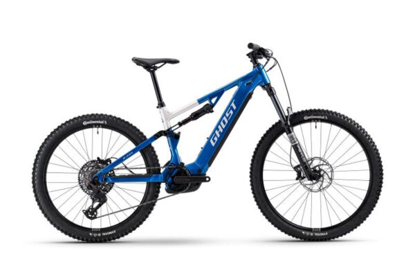 Blue Ghost electric mountain bike with full suspension, large knobby tires, and front disc brakes (side view). It’s an e-bike with integrated mid-drive motor on a blue frame on a white background.]