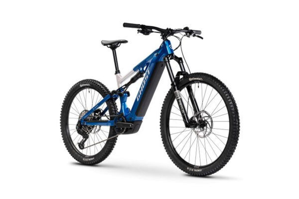 Blue full-suspension electric mountain bike with mid-mount battery and front disc brakes, angled right-side view