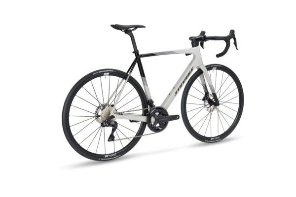 A high-end gray and white carbon road bike with drop handlebars and disc brakes, shown in three-quarter view.