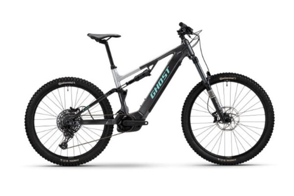 Electric mountain bike with full suspension, gray frame, blue Ghost logo, large knobby tires and disc brakes