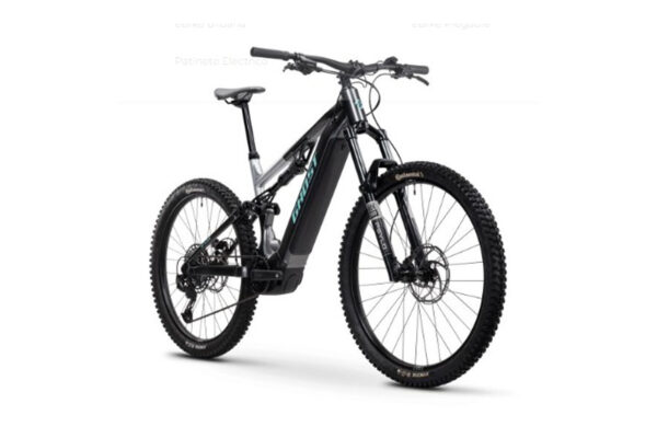 Electric mountain bike with a full-suspension frame, large knobby tires, and an integrated battery along the downtube against a white background.